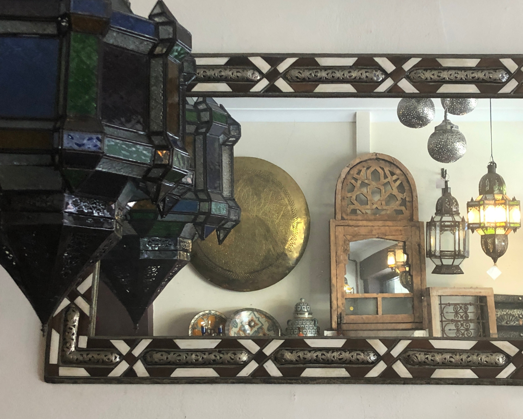 Traditional Moroccan Mirror with Orange Wood & Bone Inlay & Metalwork