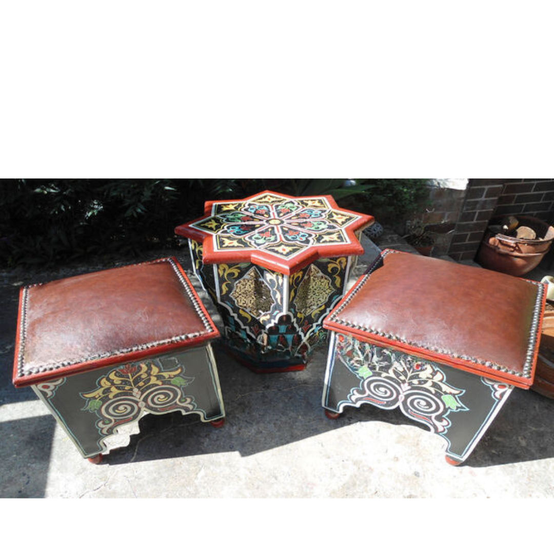 Moroccan Square Stools with Leather Pad