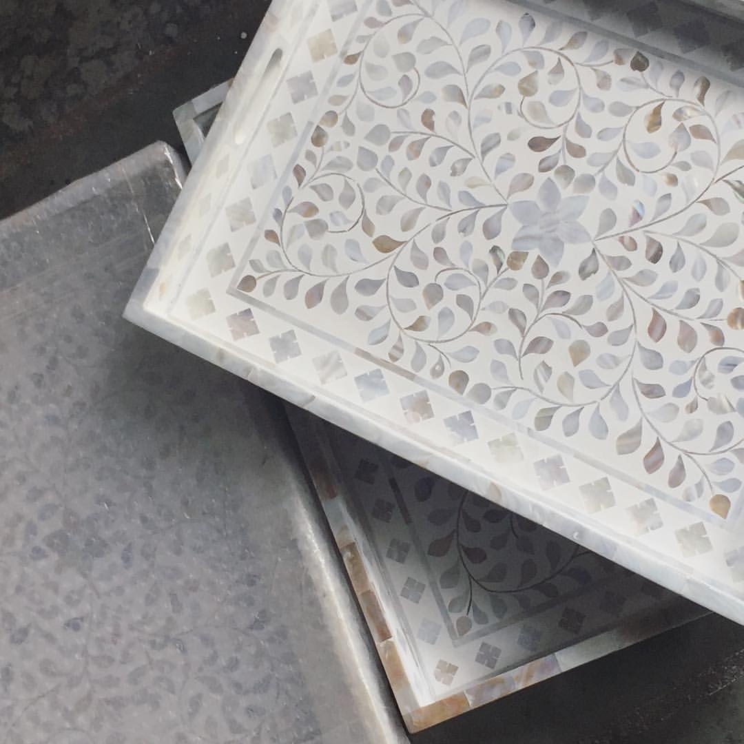 Mother of Pearl Inlay Rectangular Tray in Floral/White