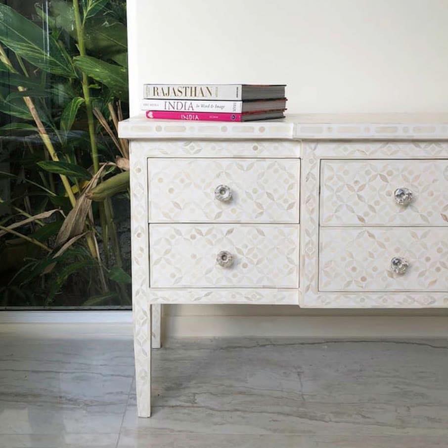 Bone Inlay Eye Design 6 Drawer Dresser in White