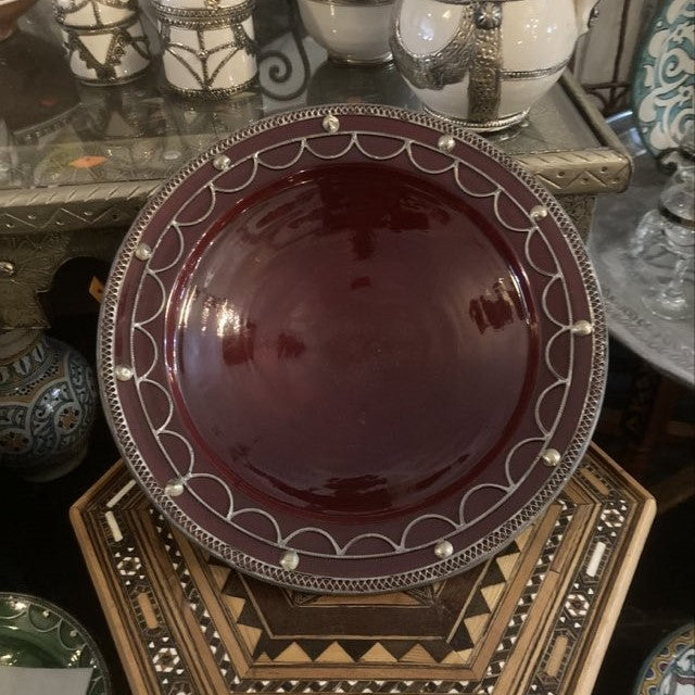 Safi Large Shallow Bowl with Silver Nickel Embellishments in Red