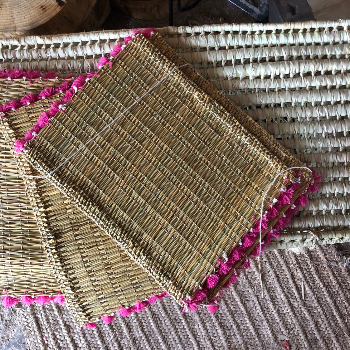 Handmade Marrakech Cotton & Raffia Placemat with Hot Pink Tassels