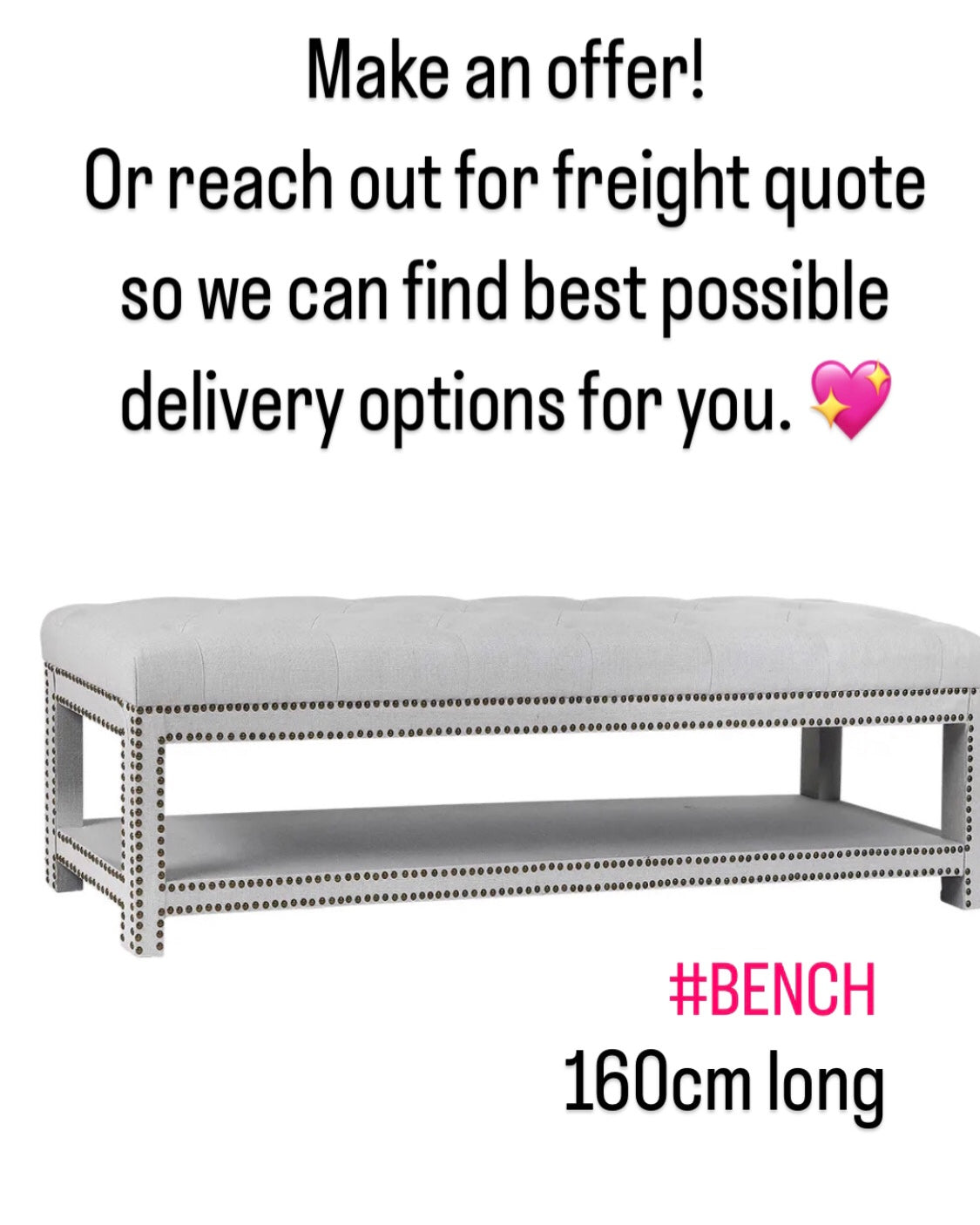 Serena Tufted Bench Ottoman in Cool Grey Linen - Clearance