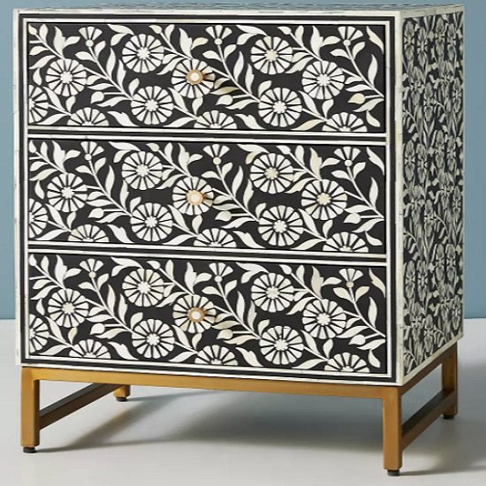 Bone Inlay Dahlia Bedside Chest with 3 Drawers in Teal