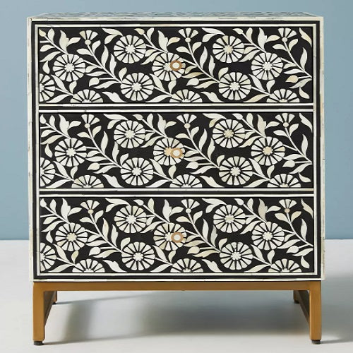 Bone Inlay Dahlia Bedside Chest with 3 Drawers in Teal