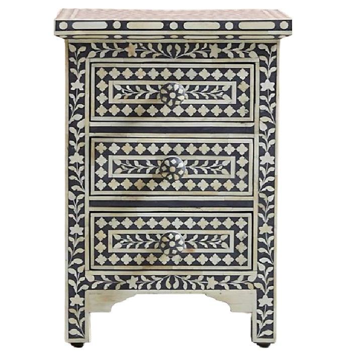 Bone Inlay 3 Drawer Bedside Chest in Indigo