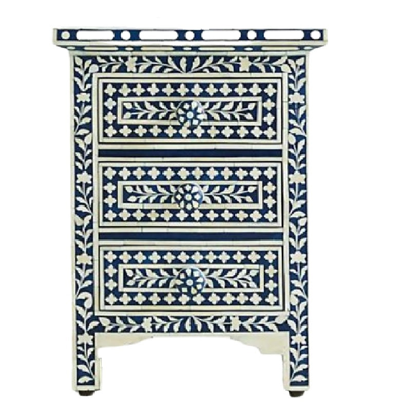 Bone Inlay 3 Drawer Bedside Chest in Teal