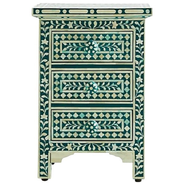 Bone Inlay 3 Drawer Bedside Chest in White