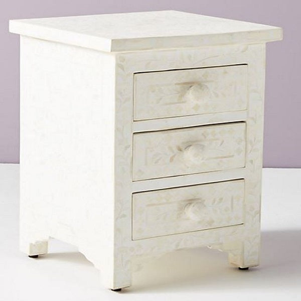 Bone Inlay 3 Drawer Bedside Chest in White