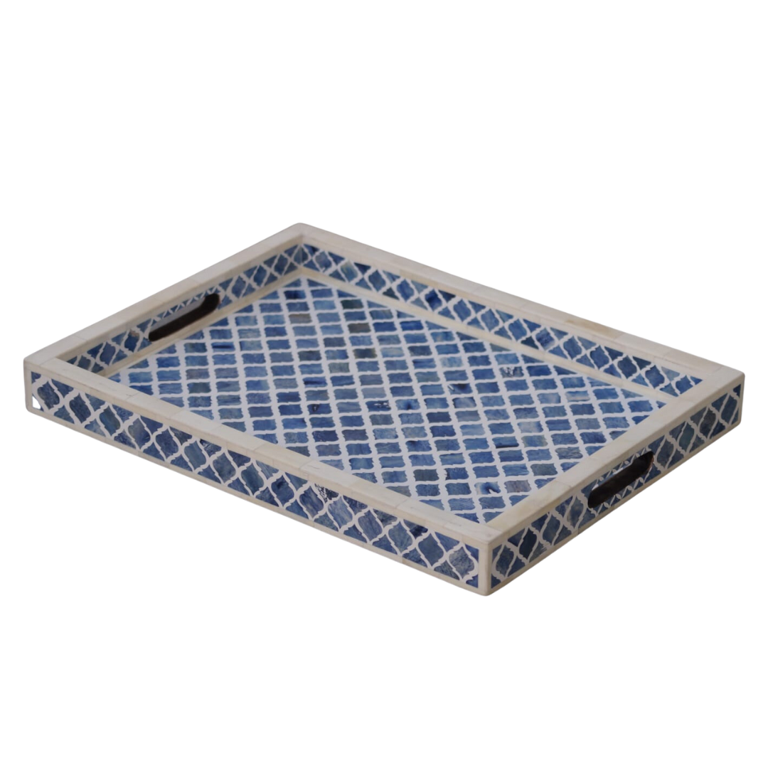 Bone Inlay Rectangular Tray in Quatrefoil/Indigo