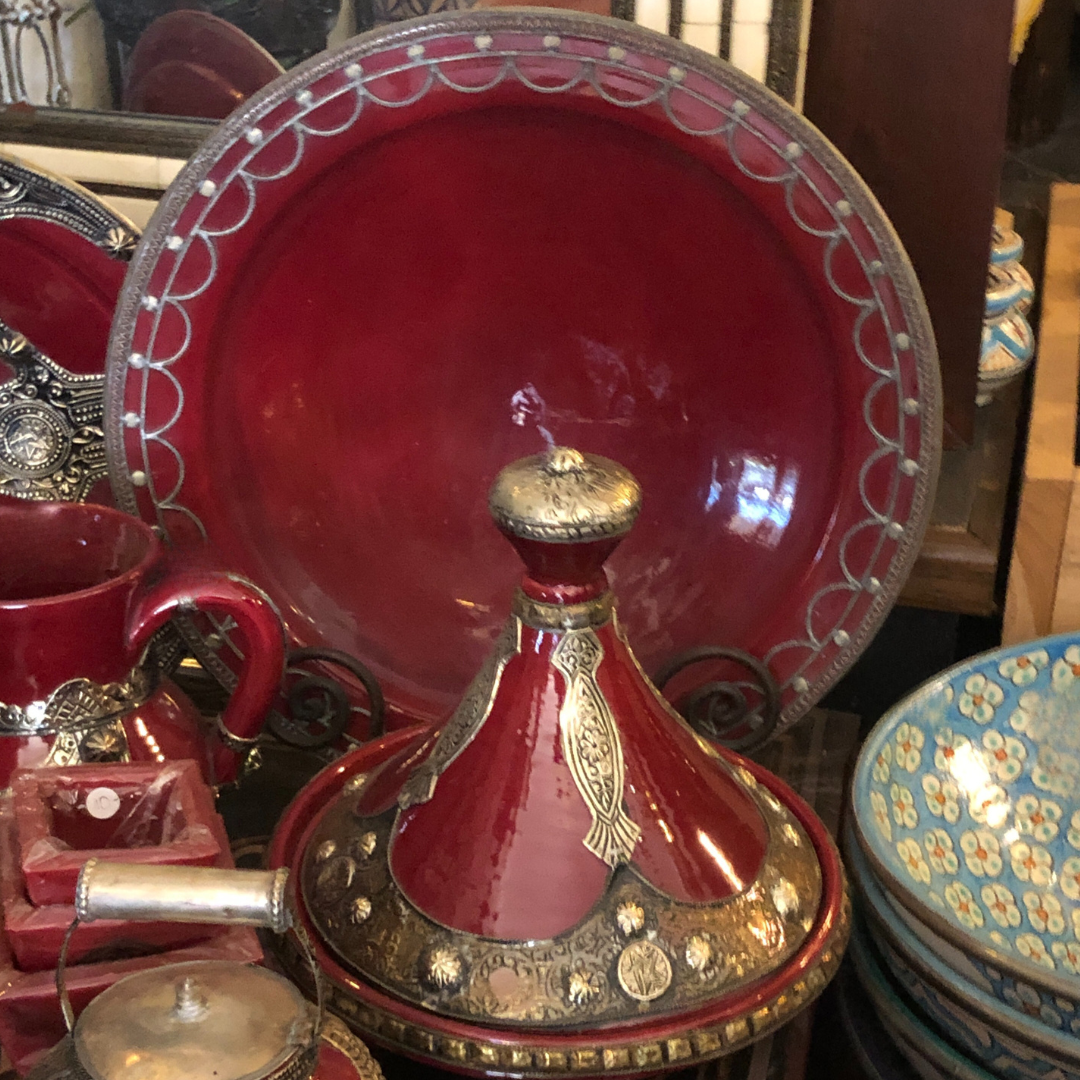 Safi Large Shallow Bowl with Silver Nickel Embellishments in Red