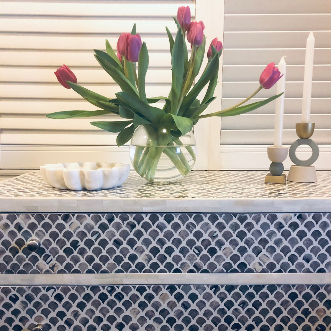 Bone Inlay 4 Drawer Chest in Fishscale Navy