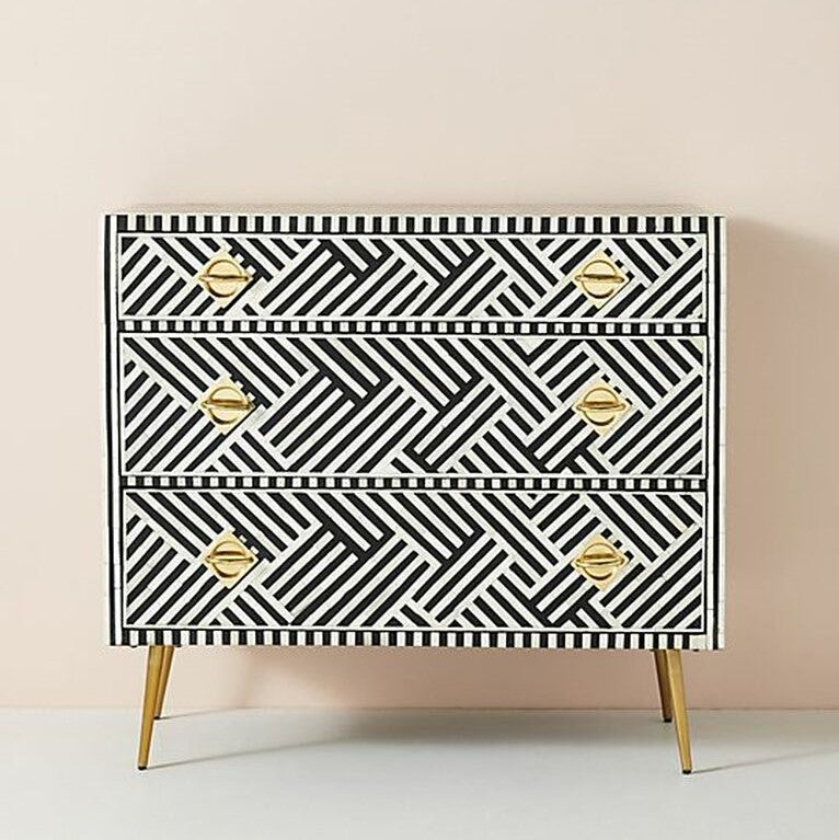 Bone Inlay 3 Drawer Chest in Wallpaper/Black