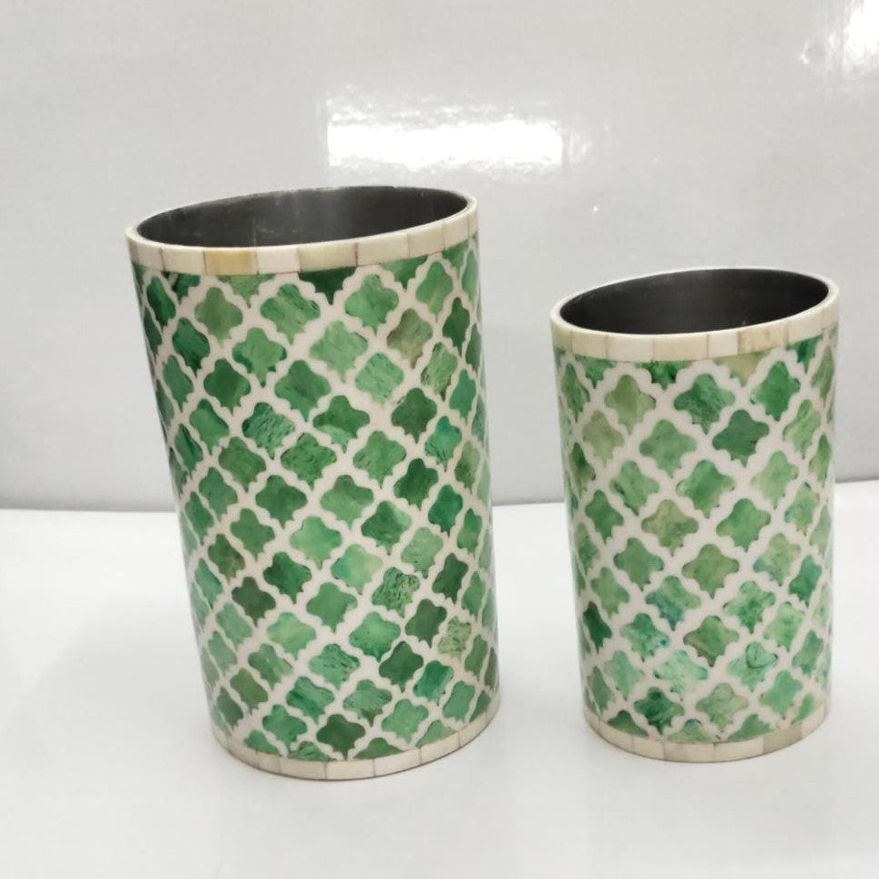 Bone Inlay Vase in Quatrefoil Emerald