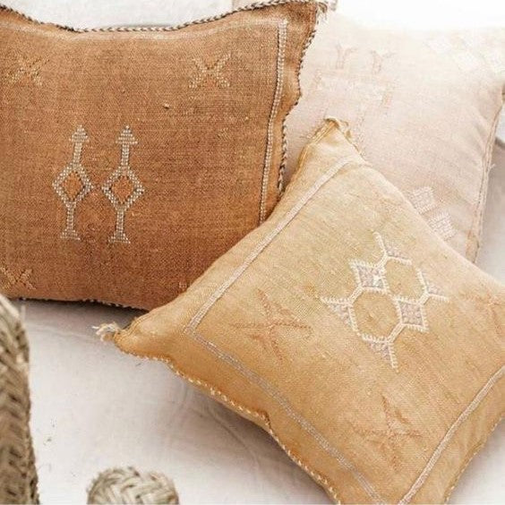 Genuine Moroccan Cactus Silk Pillow in Ochre