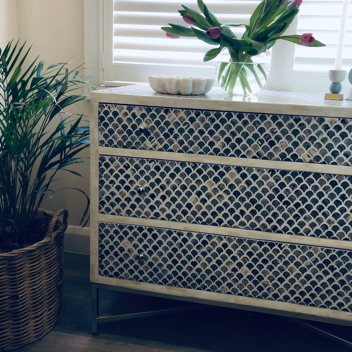 Bone Inlay 4 Drawer Chest in Fishscale Navy