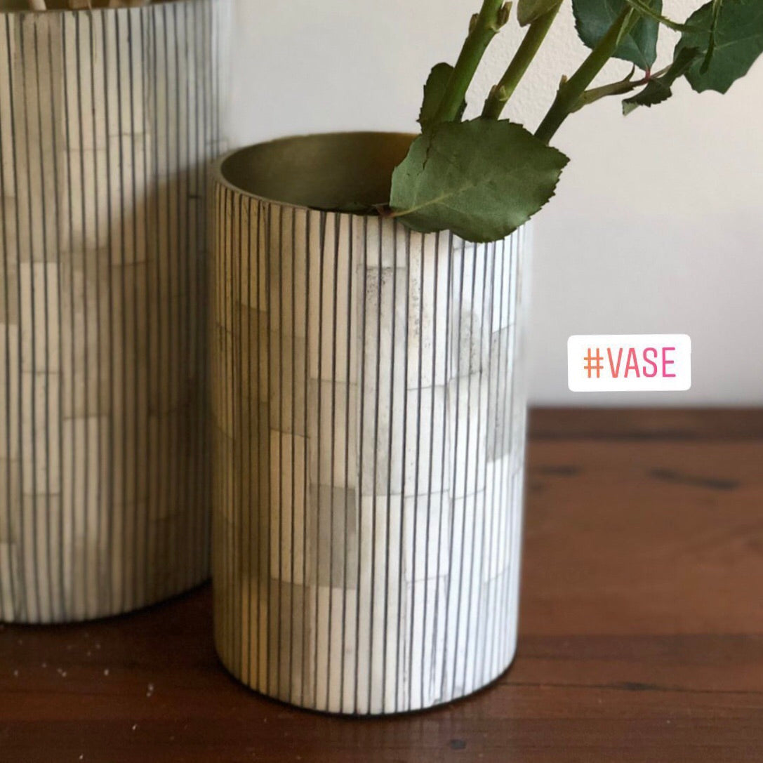 Bone Inlay Vase in Charcoal Stripe