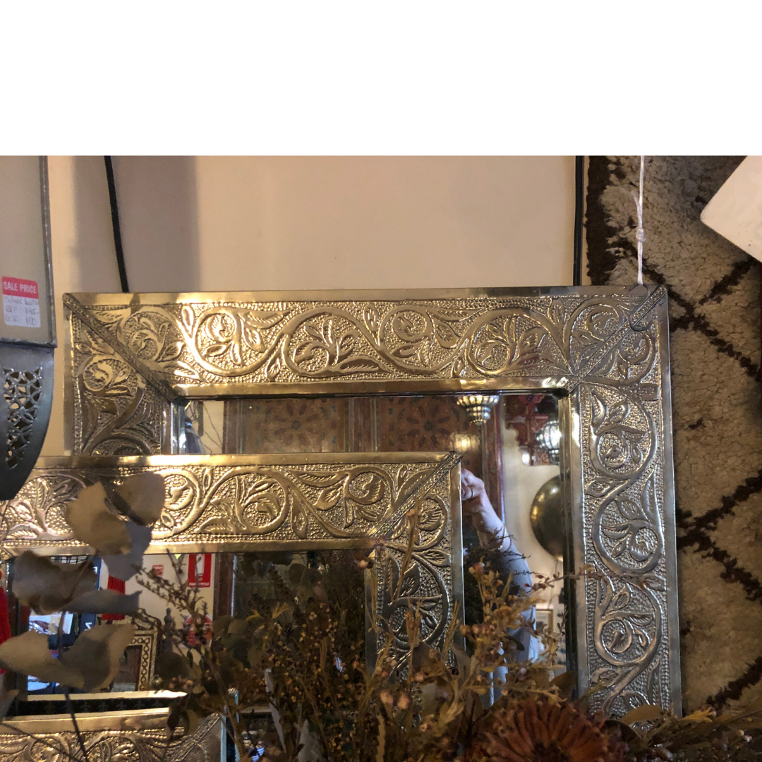 Genuine Moroccan Mirror with Floral Embossed Silver Nickel Frame