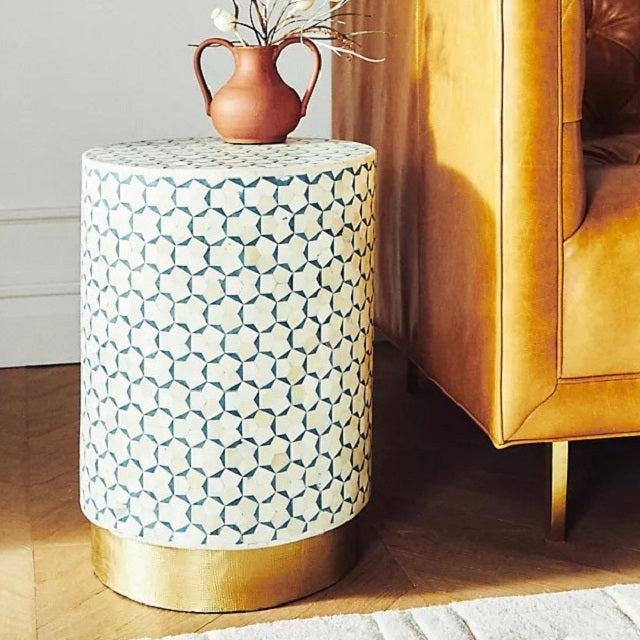 Bone Inlay Bedside Table with 2 Drawers in White