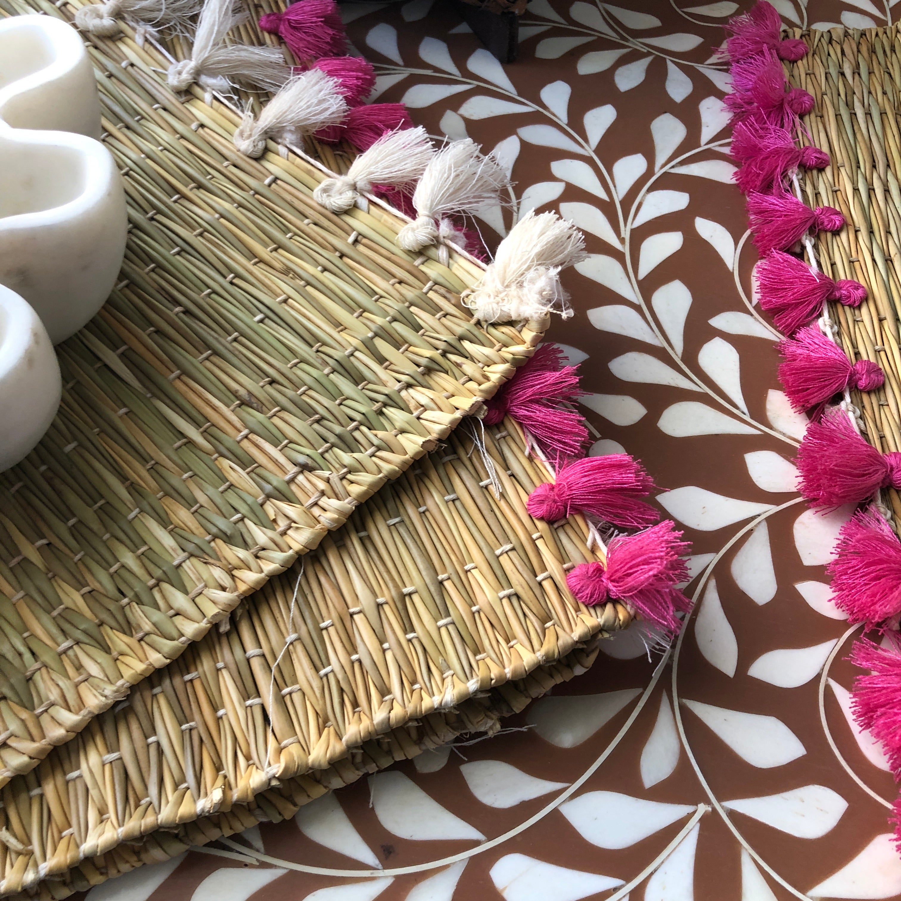 Handmade Marrakech Cotton & Raffia Placemat with Hot Pink Tassels