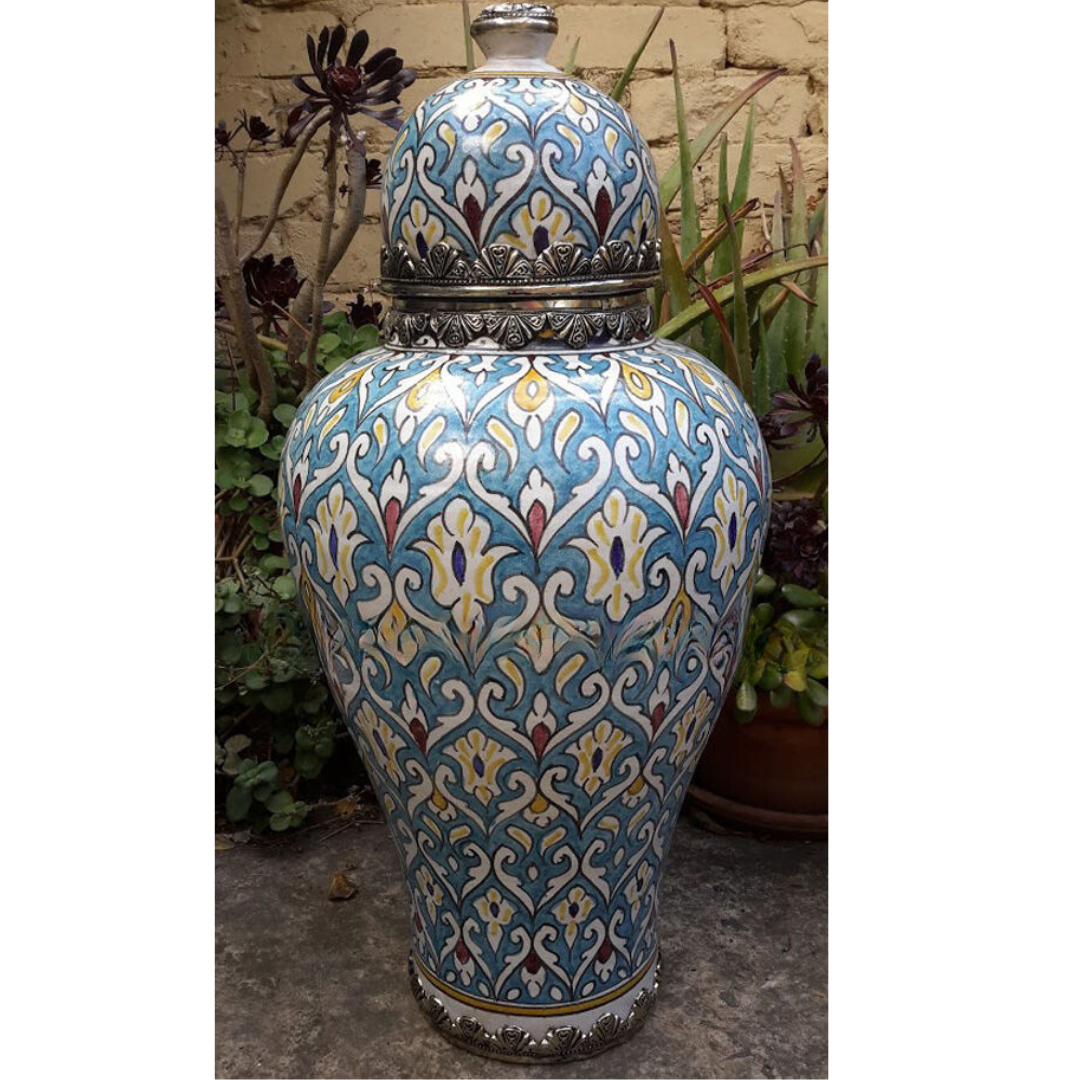Moorish Fez Vessel with Lid in Turquoise