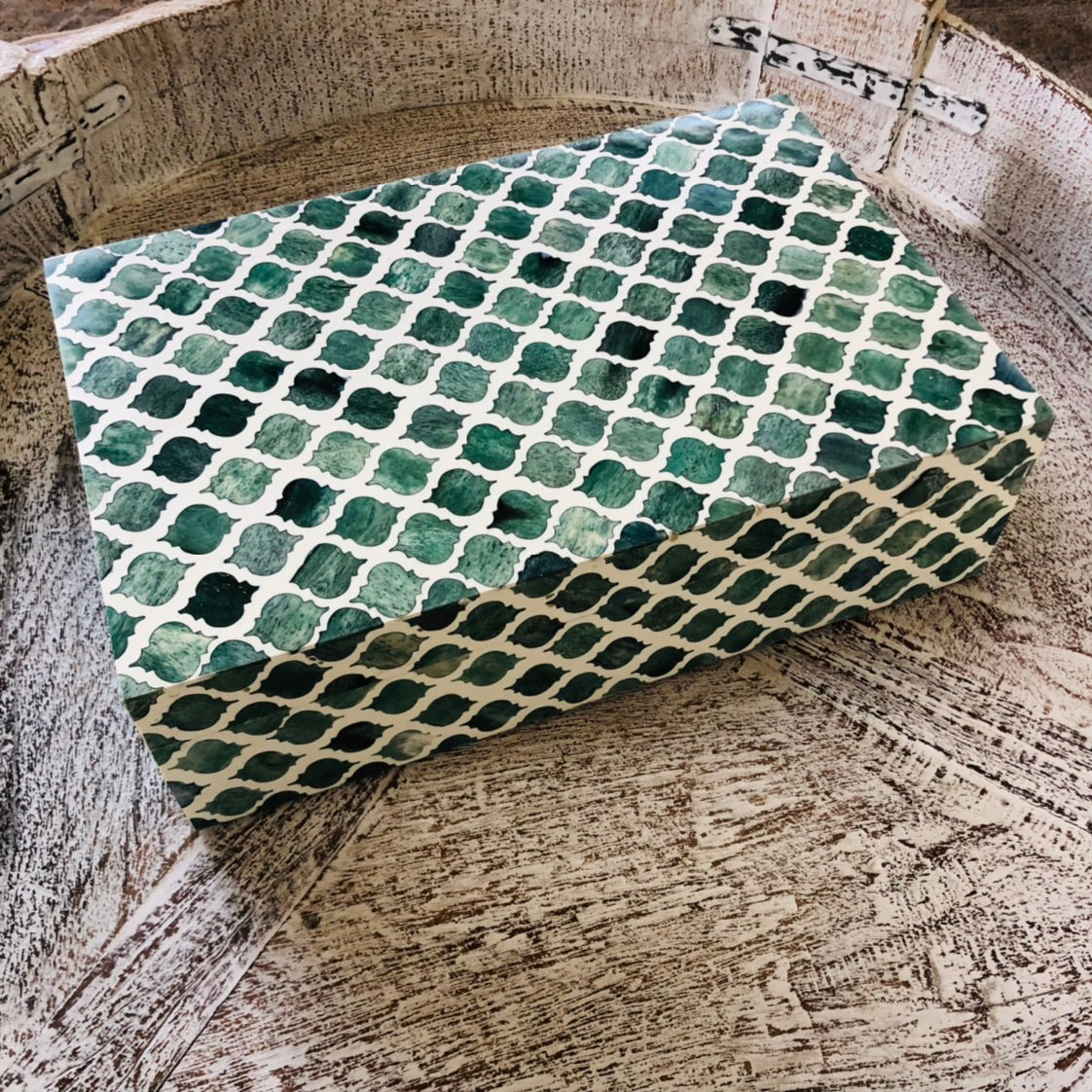 Zohi Interiors Signature Collection : Bone Inlay Large Box in Moroccan /Emerald