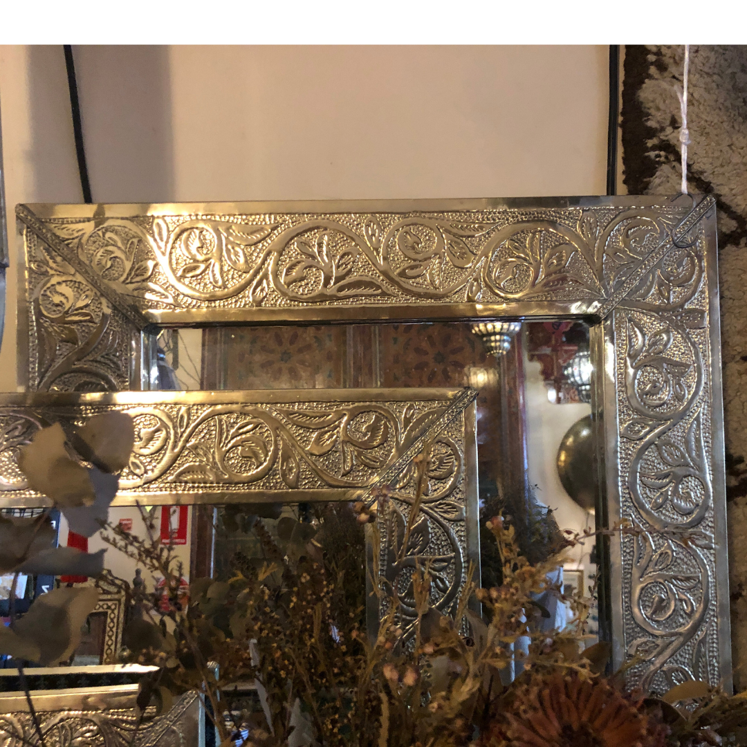 Genuine Moroccan Mirror with Floral Embossed Silver Nickel Frame