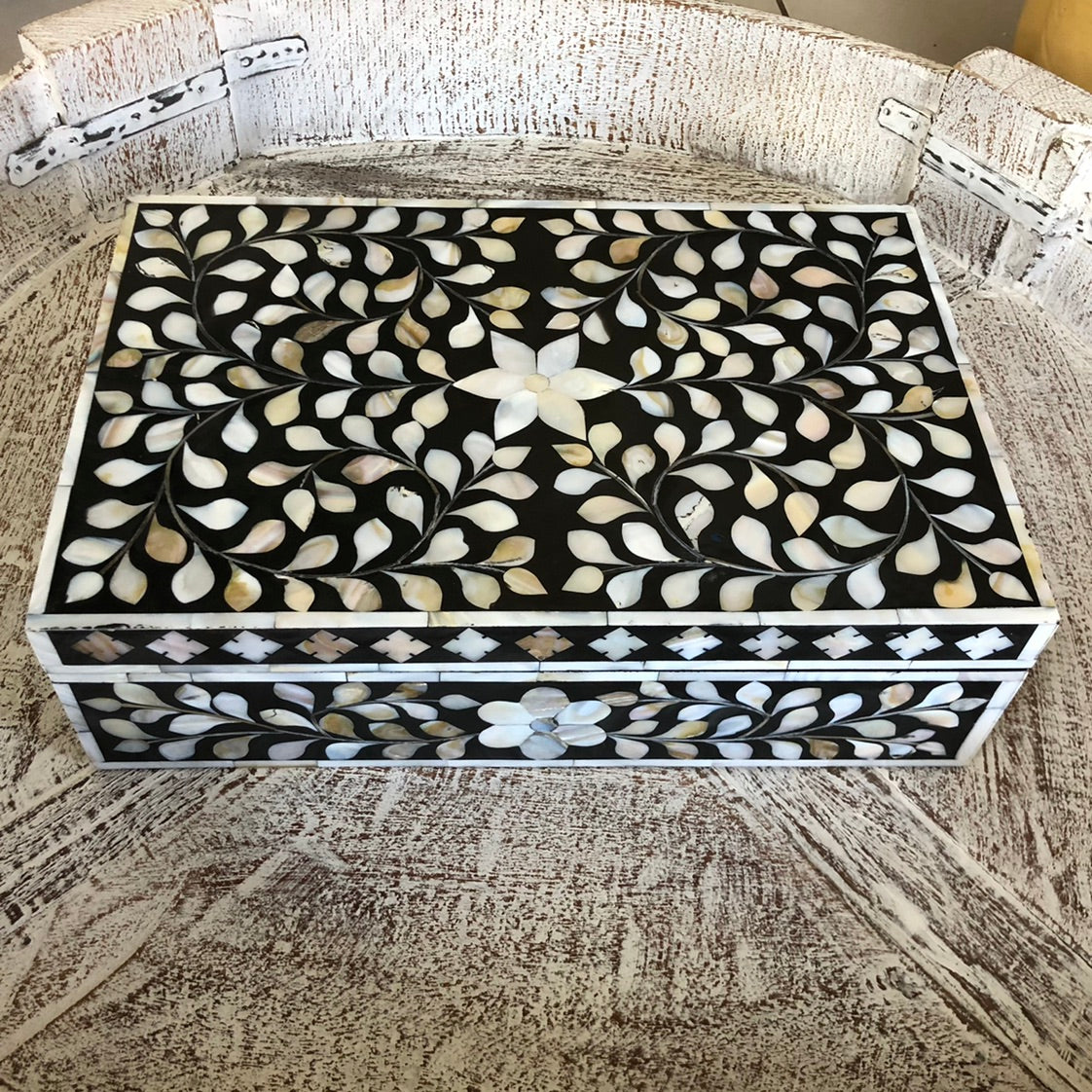Mother of Pearl Inlay Large Box in Floral/Pebble Grey
