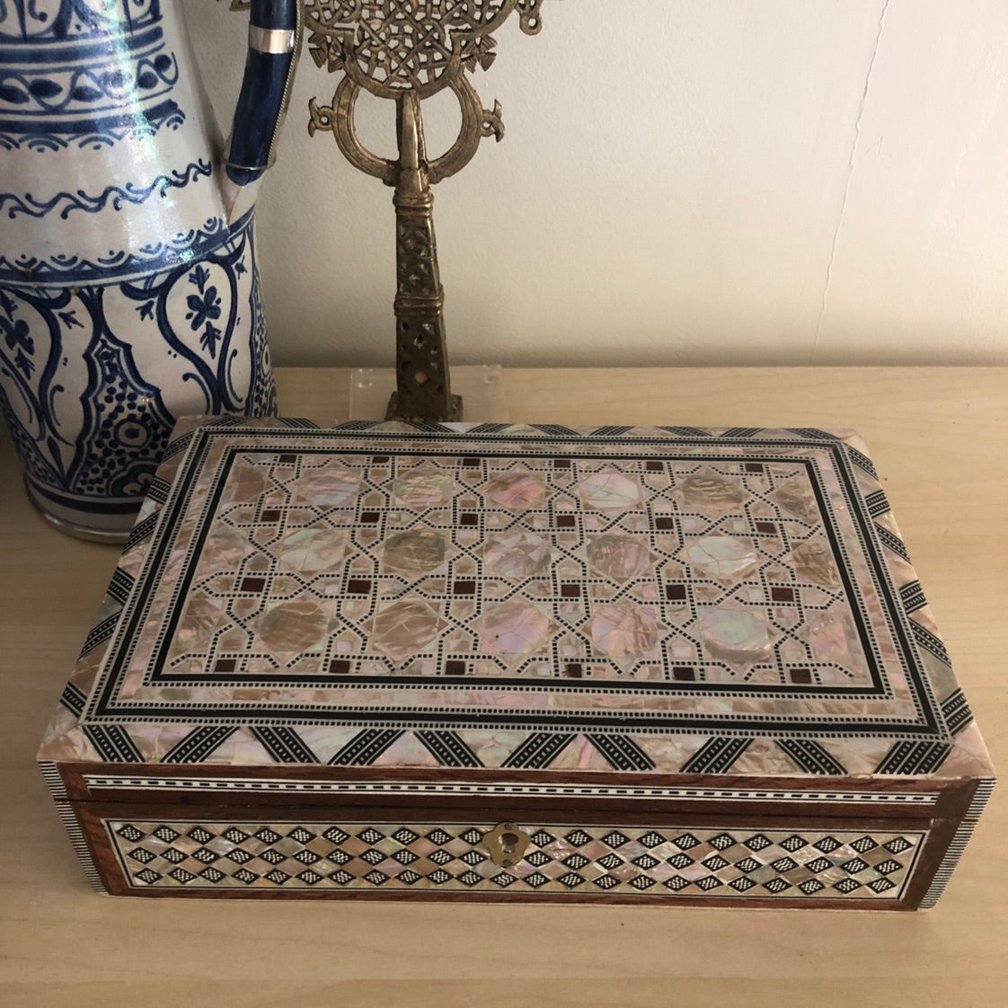 Mother of Pearl Inlay Bedside Cabinet in Grey - WS#1
