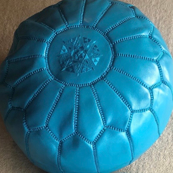 Moroccan Leather Pouffe in Turquoise