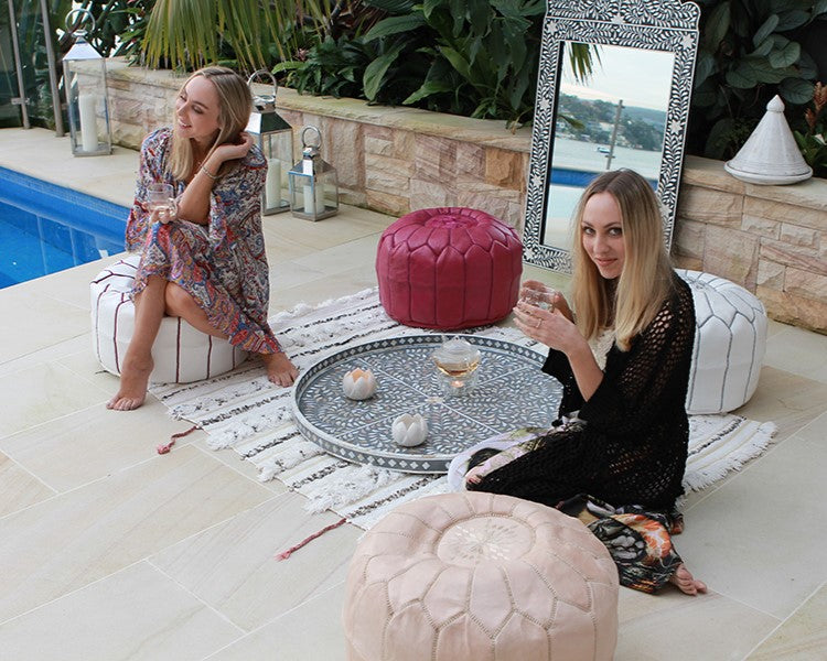 Moroccan Leather Pouffe in Fuchsia