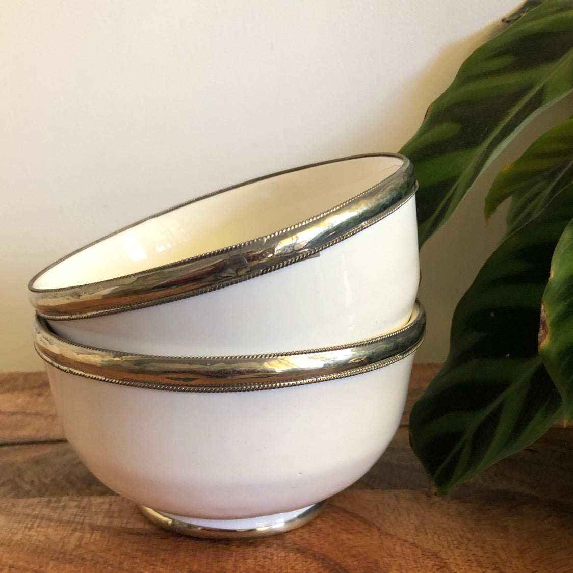 Fez Bowl with Silver Edging in White - Set of 2