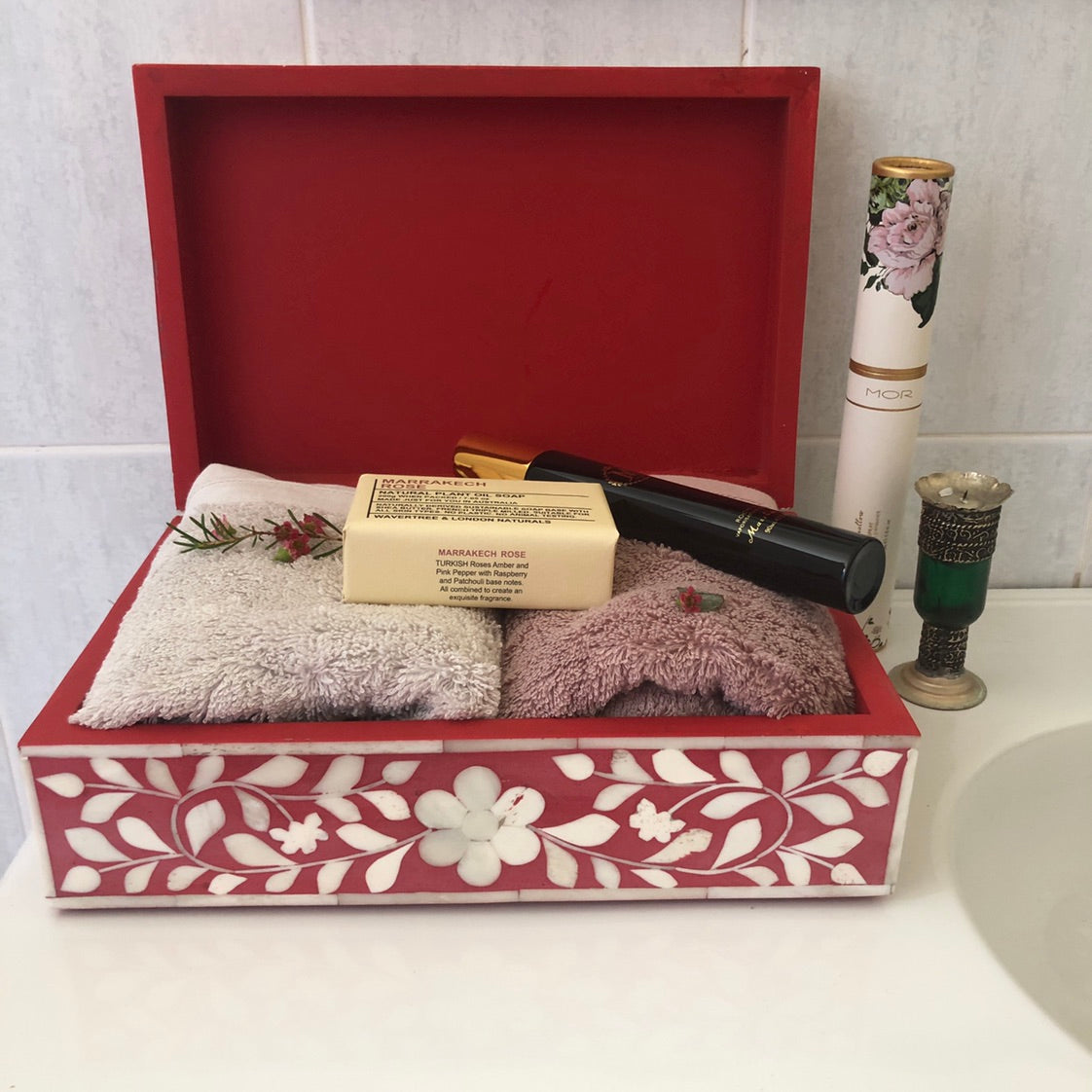 Zohi Interiors Signature Collection : Bone Inlay Large Box in Floral/Crimson