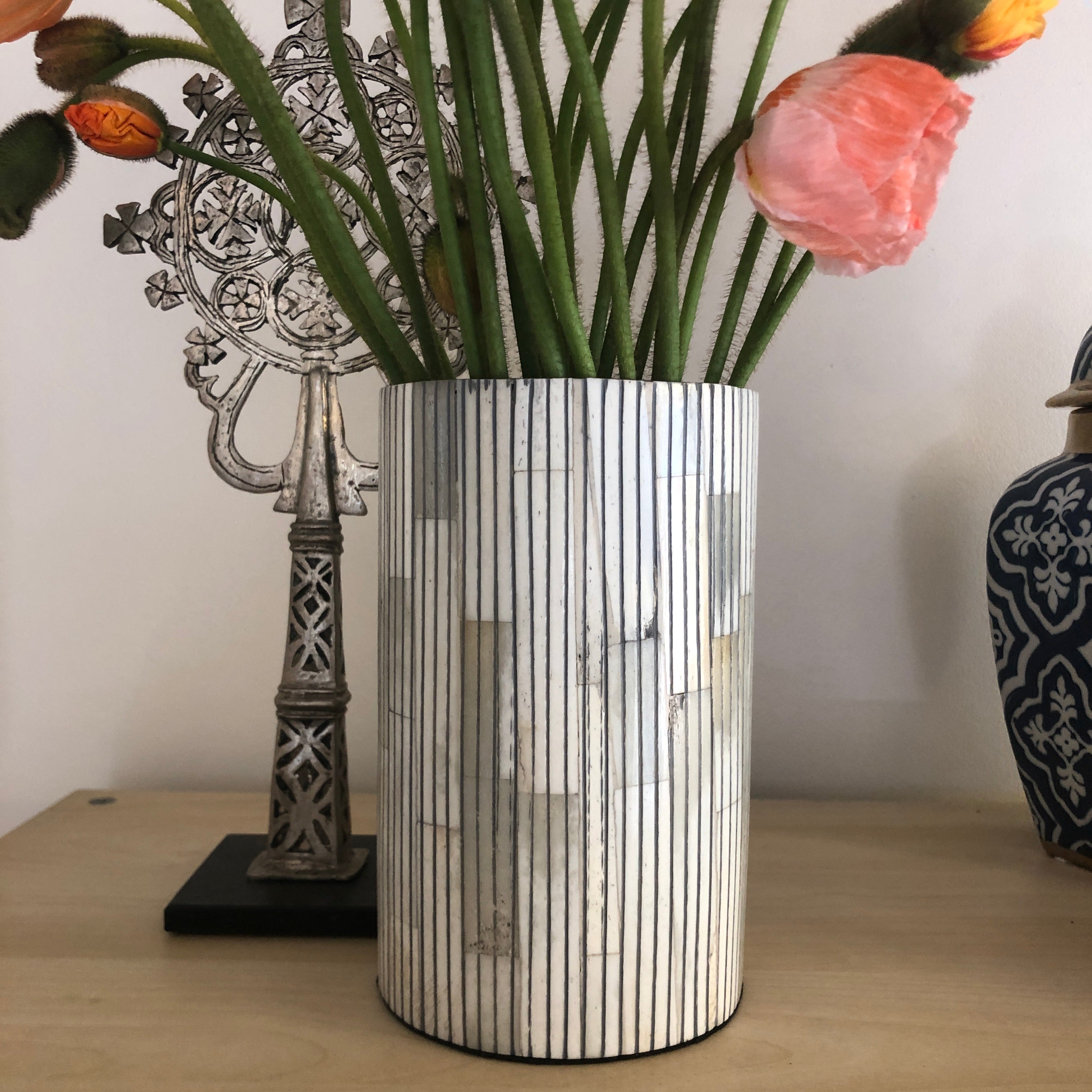 Bone Inlay Vase in Charcoal Stripe