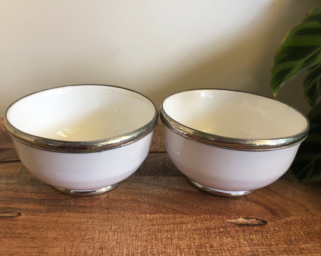 Fez Bowl with Silver Edging in White - Set of 2