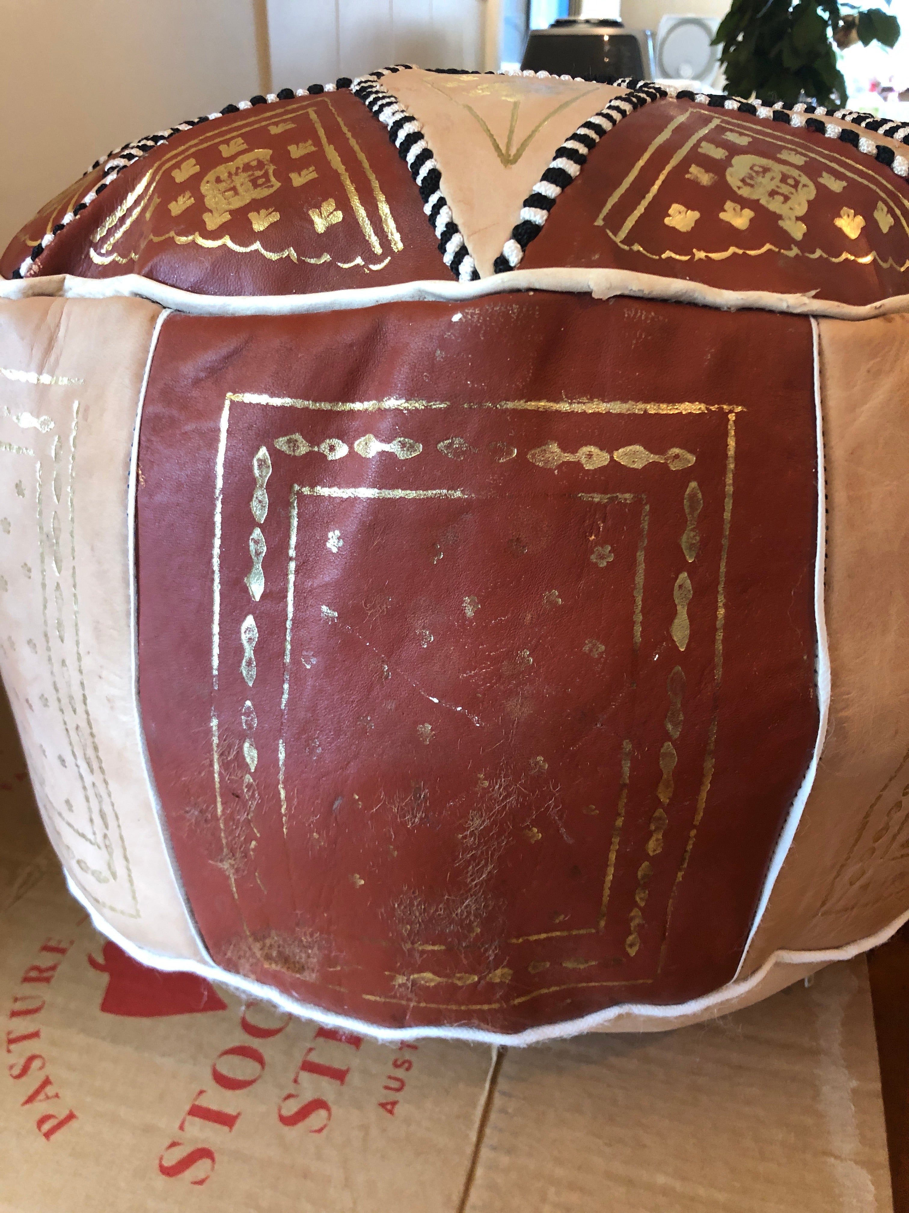 Moroccan Leather Pouffe in Chiffon & Tan - Warehouse Sale
