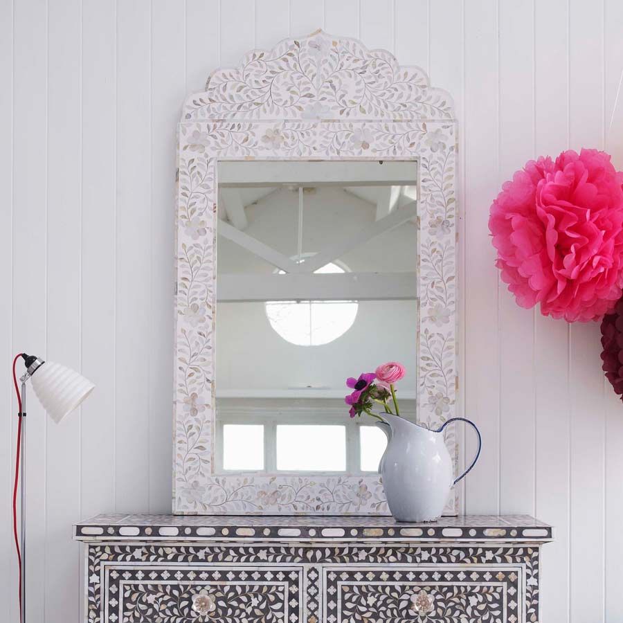 Mother of Pearl Crested Mirror in White