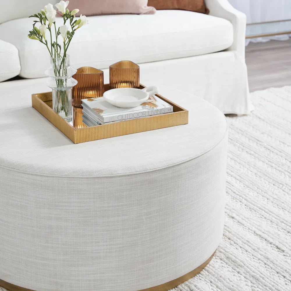 Ames Round Ottoman in Off White Linen