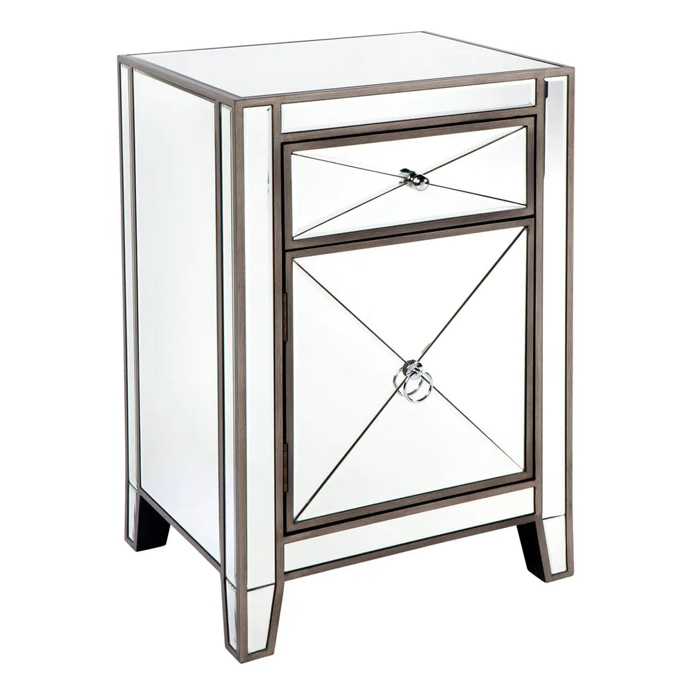 Apollo Mirrored Bedside Table in Antique Silver