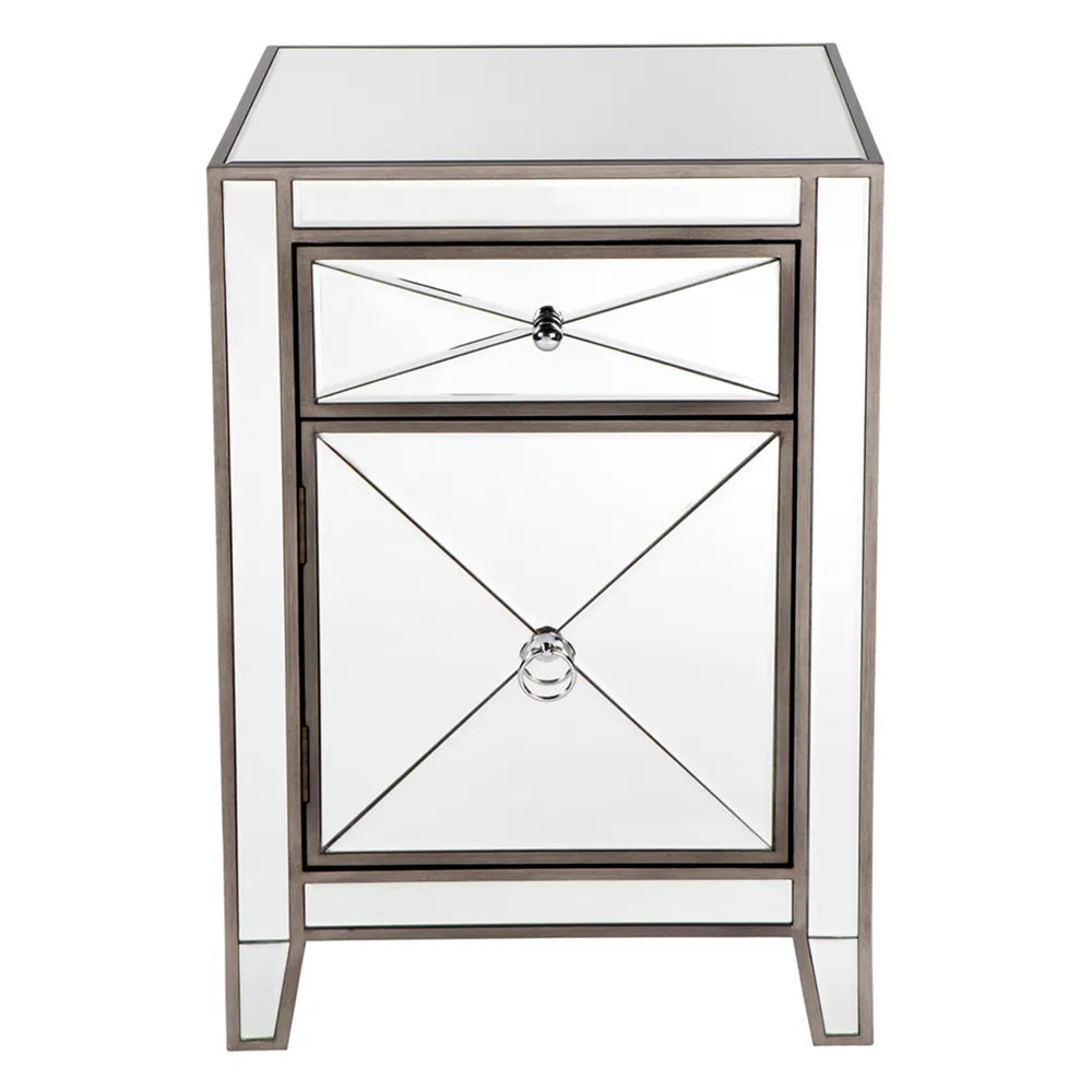 Apollo Mirrored Bedside Table in Antique Silver