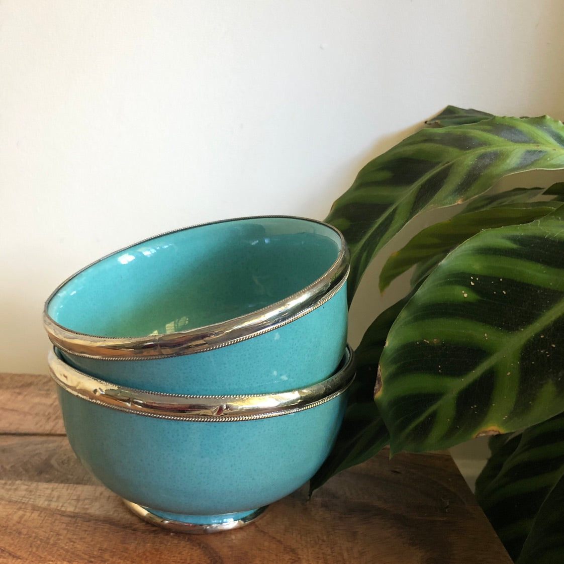 Fez Bowl with Silver Edging in Turquoise - Set of 2