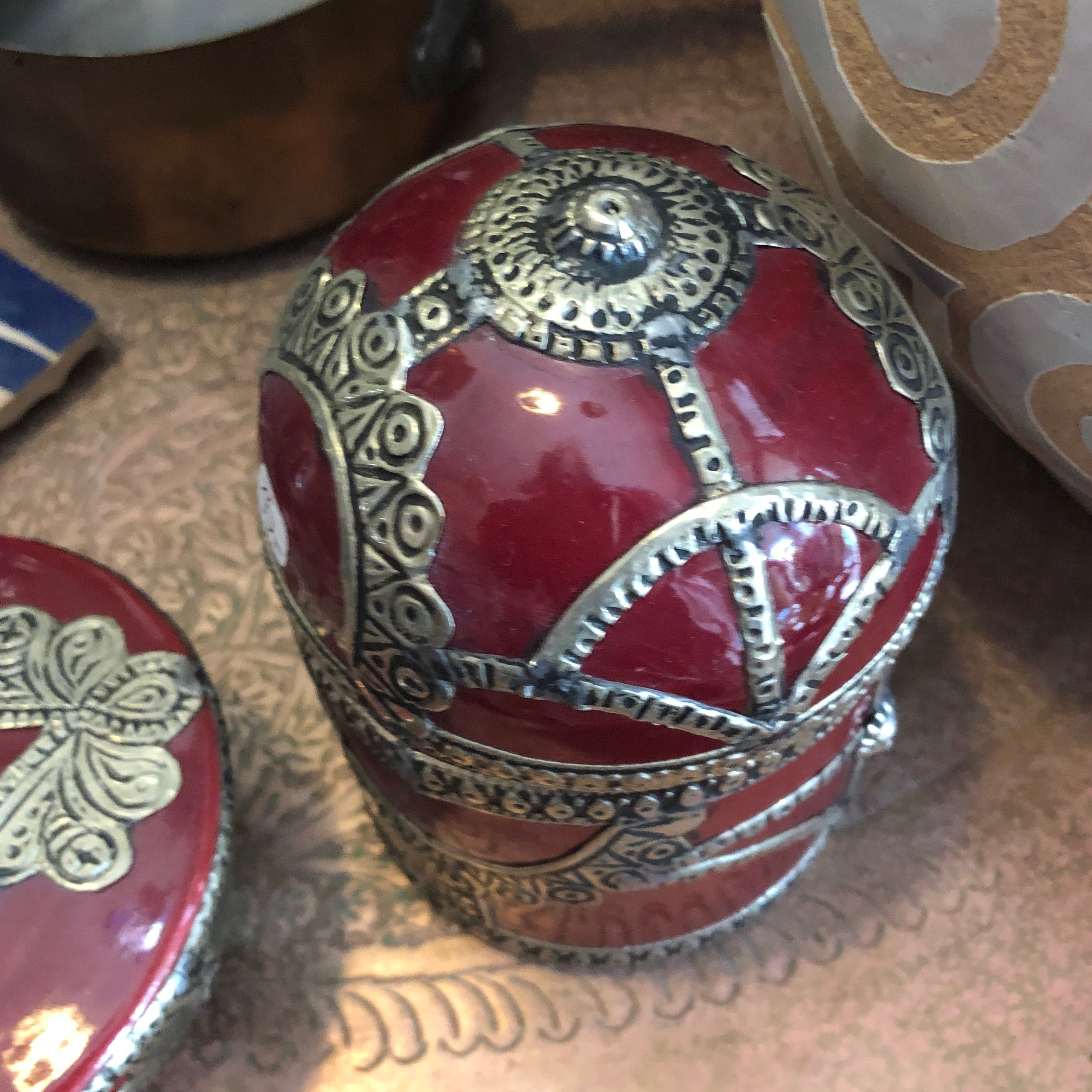 Safi Box with Rounded Lid with Silver Nickel Embellishments in Red