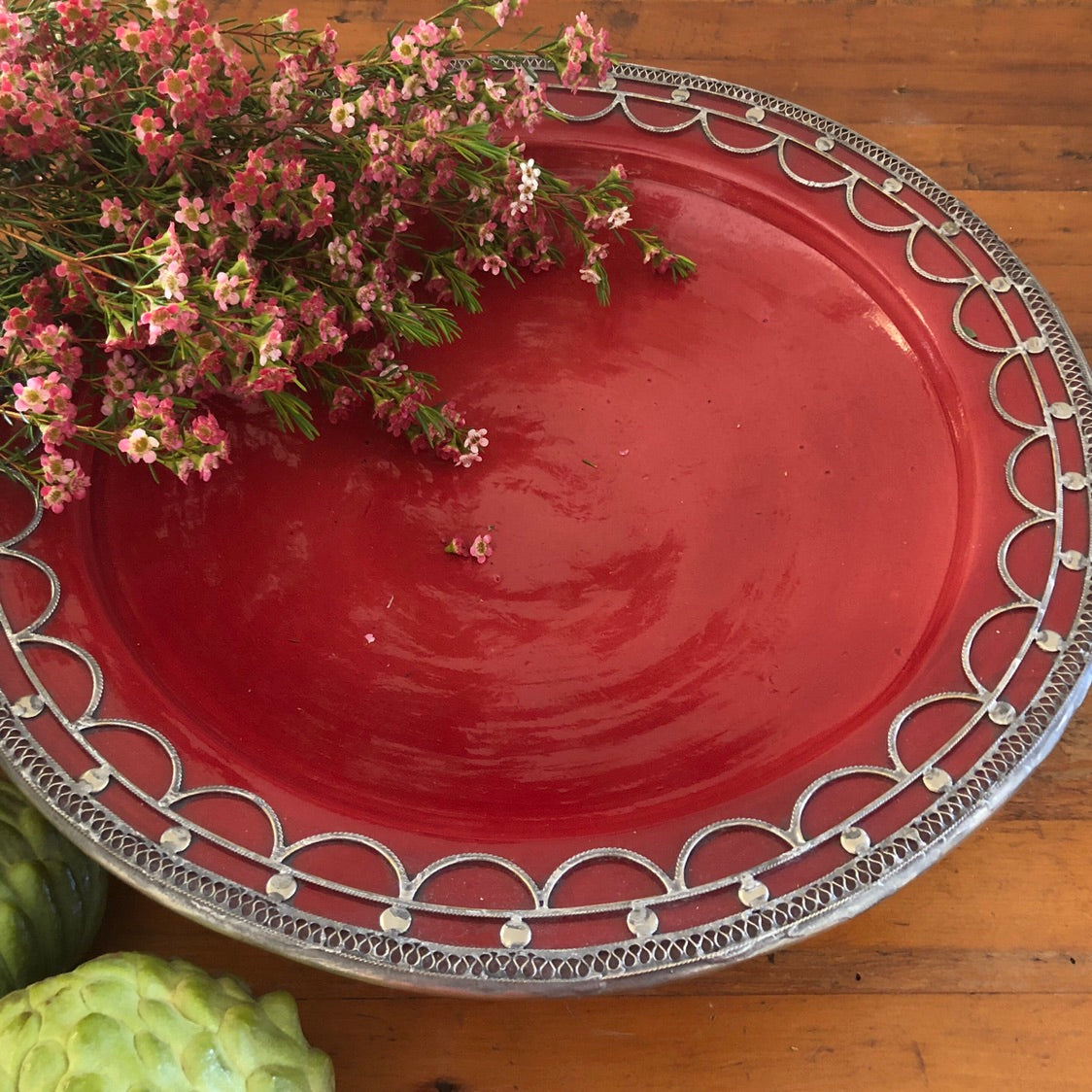 Safi Large Shallow Bowl with Silver Nickel Embellishments in Red