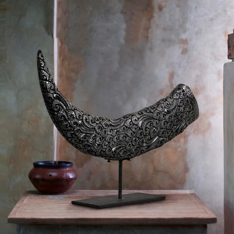 Etched Buffalo Horn on Stand