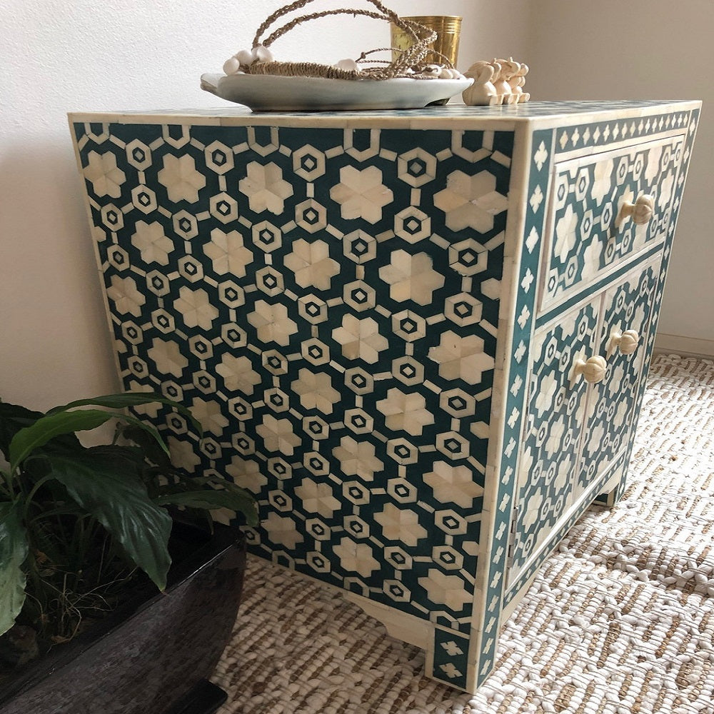 Mother of Pearl Inlay Bedside Table with 2 Drawers in Green