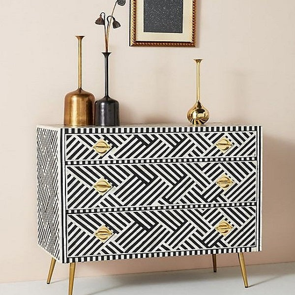 Bone Inlay 3 Drawer Chest in Wallpaper/Black