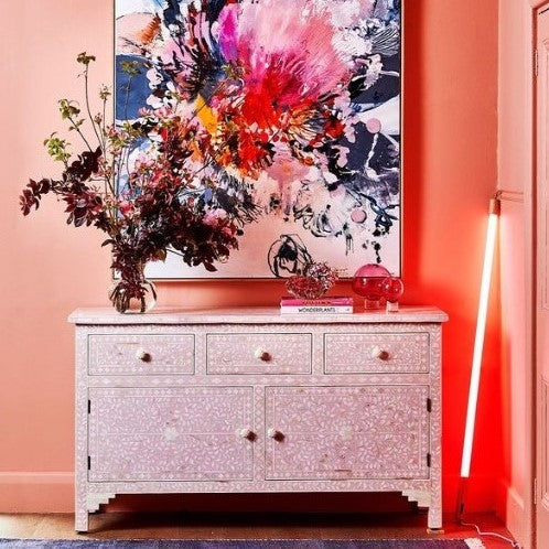 Bone Inlay Sideboard with 3 Drawers in Floral/Blush