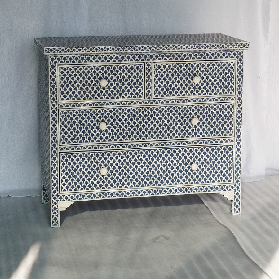 Bone Inlay 4 Drawer Chest in Fishscale Tangerine