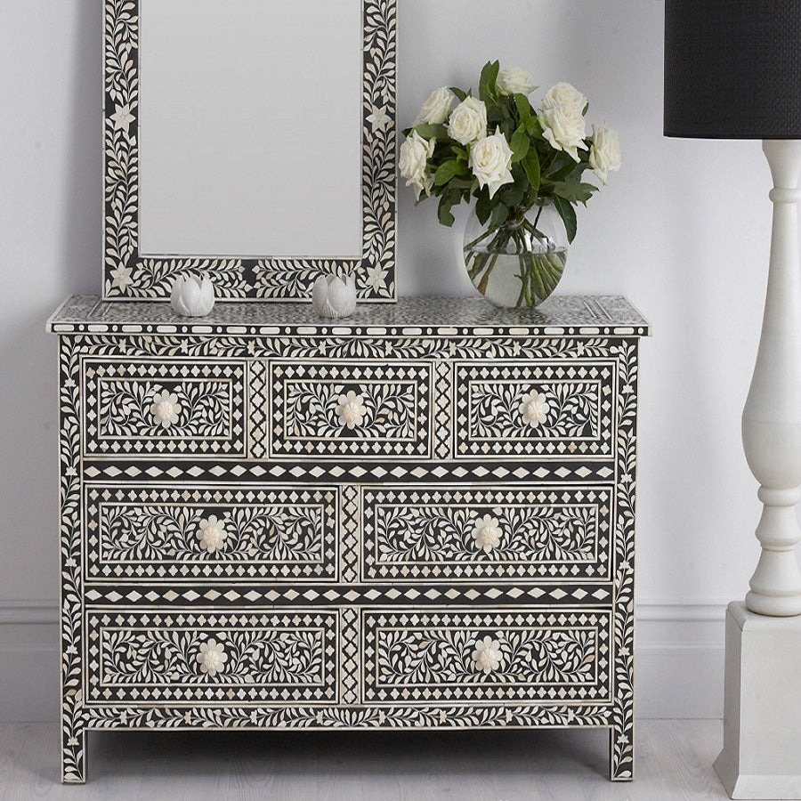 Bone Inlay Chest with 7 Drawers in Black