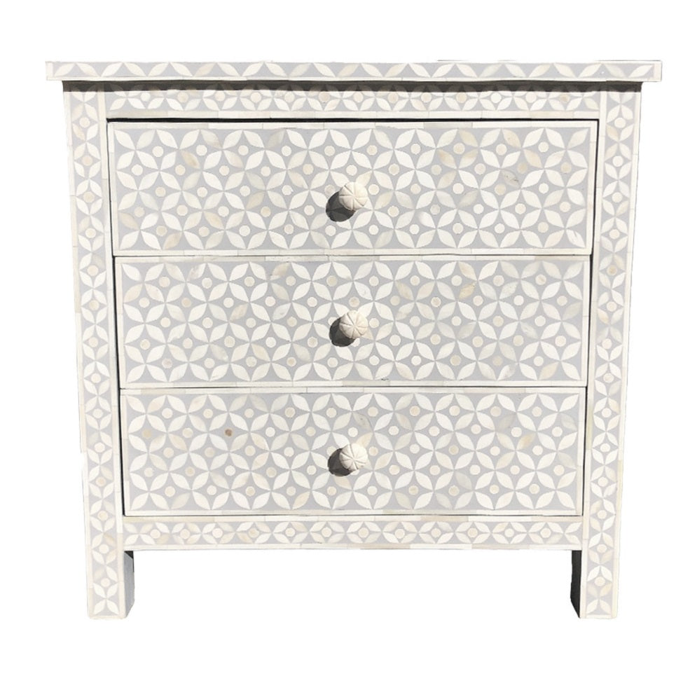 Bone Inlay Wide 3 Drawer Bedside Chest in Celtic Grey - Warehouse Sale